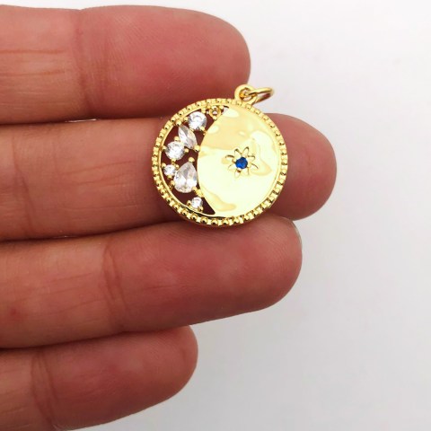 Dije bañado en oro 18k de 17mm Medalla Circones Luna Estrella Fugaz Circón Azul LDB82820