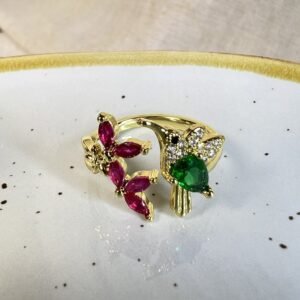 Anillo Baño oro Flor y Colibri Colores (250626-261)