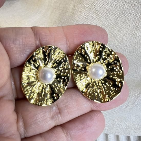 Aros baño oro Flor perla Shell (250626-189)