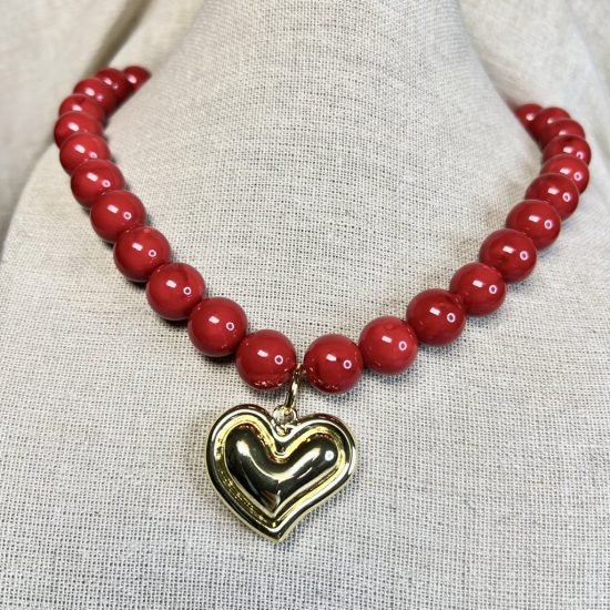 Collar baño oro Bolas rojas Corazon (250626-193)