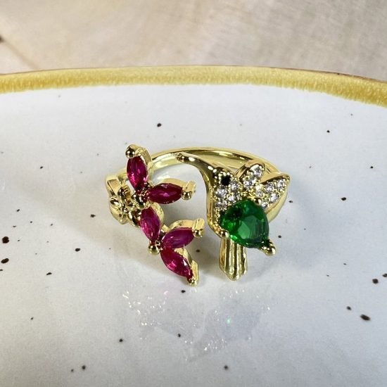 Anillo Baño oro Flor y Colibri Colores (250626-261)